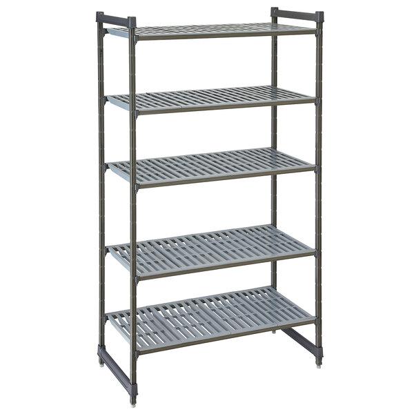 A grey metal stationary shelving unit with four vented shelves.