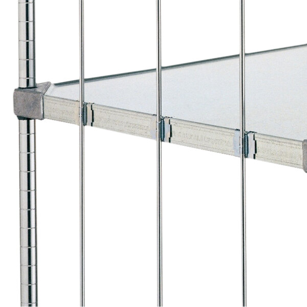 A silver Metro Super Erecta shelf rod tab with a metal frame.