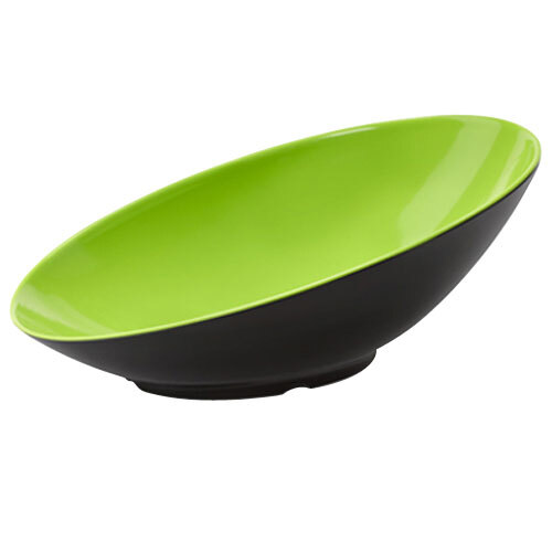 A green and black oval slanted melamine bowl.