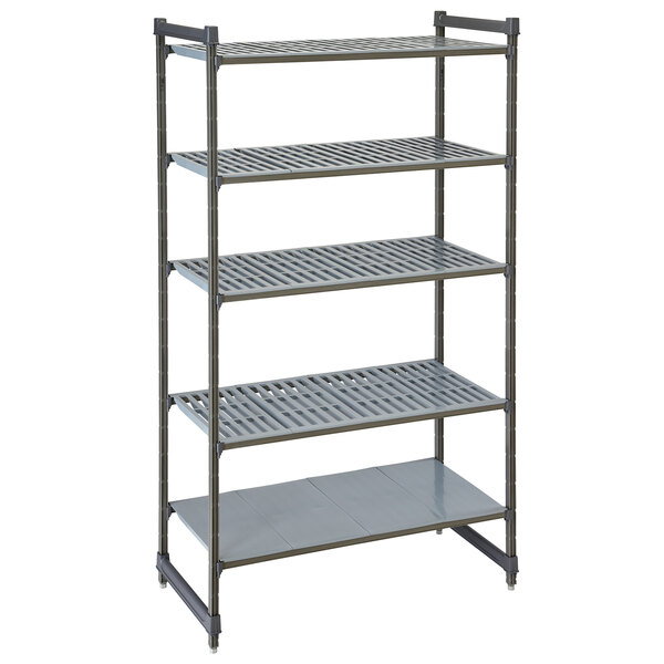 A grey metal Cambro Camshelving Basics stationary unit with 4 vented shelves and 1 solid shelf.
