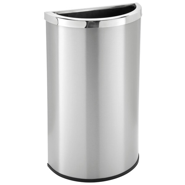 A silver metal Commercial Zone half round trash can with a lid.