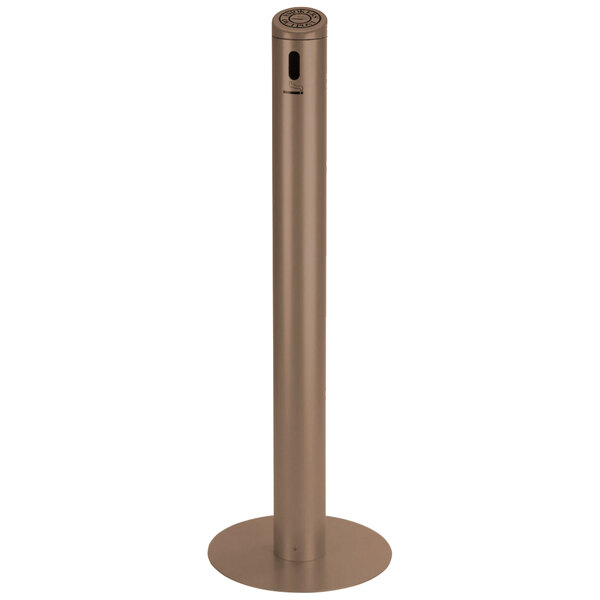 A metal pole with a round base and a metal cylinder on top.