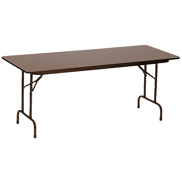 A Correll rectangular walnut folding table with a metal frame.