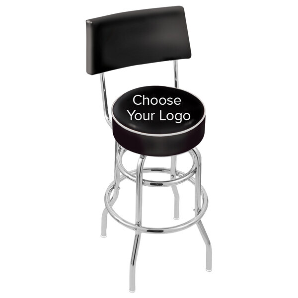 A black Holland Bar Stool with a padded back and seat and a white logo.