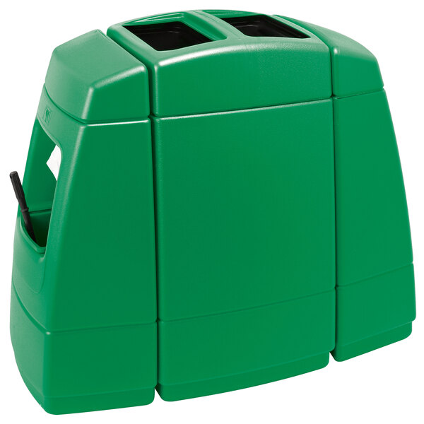 A green plastic Commercial Zone Islander Haven rectangular open top waste container with two bins inside.