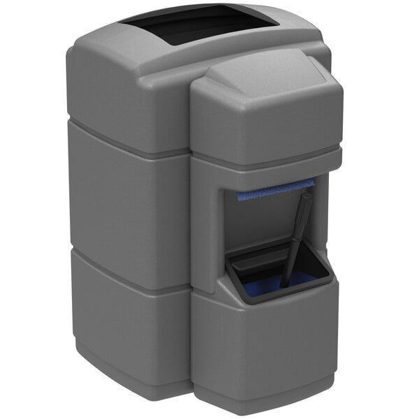 A gray rectangular Commercial Zone waste container with a blue paper towel dispenser and squeegee.