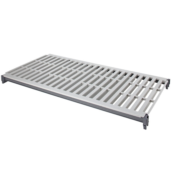 A grey metal shelf with a white vented grate.