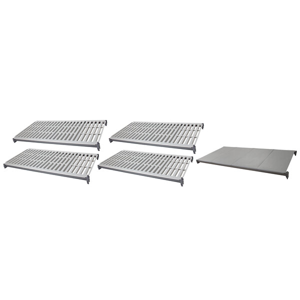 A grey rectangular metal shelf with a white vent and four white metal grates with different designs.