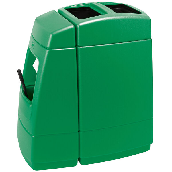 A green rectangular plastic Commercial Zone Islander Haven trash container with open top.
