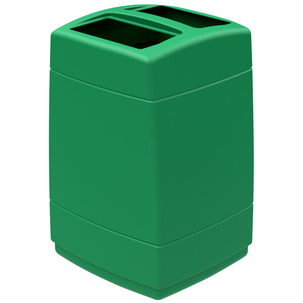 A green rectangular Commercial Zone PolyTec waste container with a lid on top.