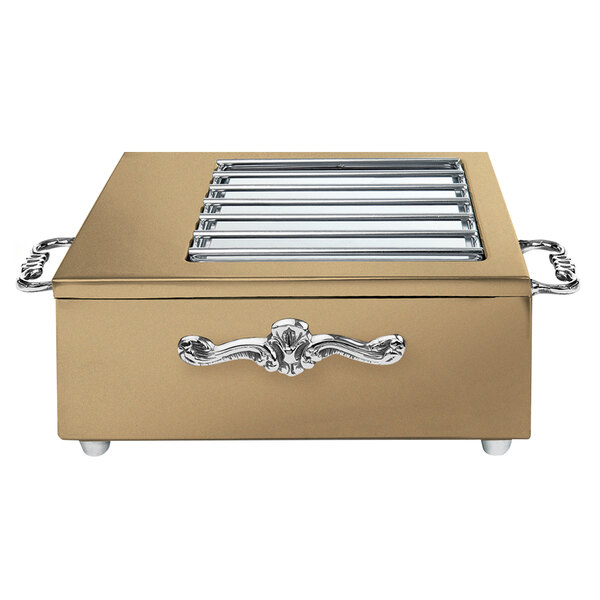 A rectangular bronze box with silver handles on a counter.