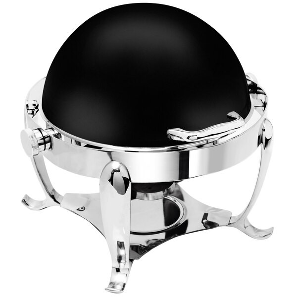 A round black and silver Eastern Tabletop Park Avenue chafer with a roll top lid.