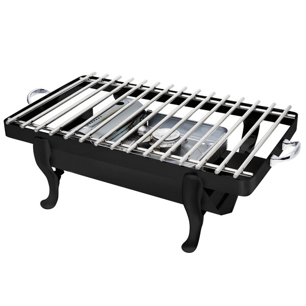 An Eastern Tabletop black and silver stainless steel grill with a metal grate.