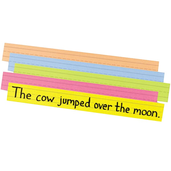 A group of Pacon sentence strips in yellow, pink, and other bright colors.