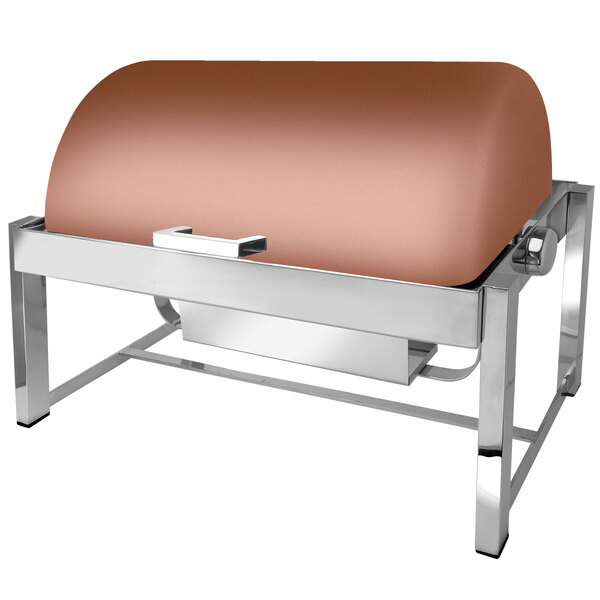 A rectangular stainless steel chafer with a copper coated top on a table.