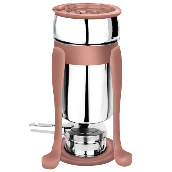 A stainless steel marmite with copper accents and a pink band on the lid.
