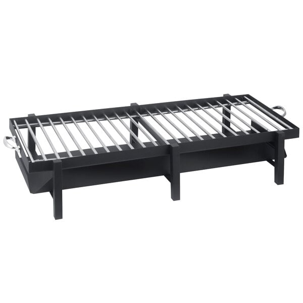 A black metal grill stand with removable grill top.