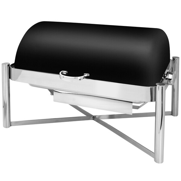 A black and silver rectangular Eastern Tabletop roll top chafer on a table.