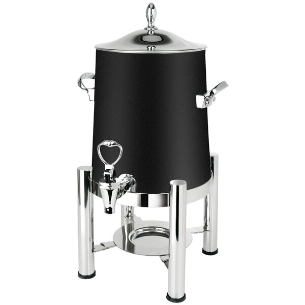 An Eastern Tabletop black and chrome stainless steel coffee urn with a lid.