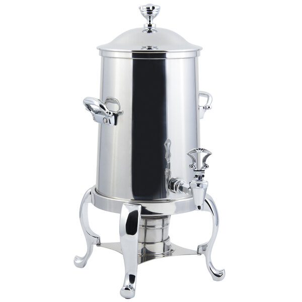 A stainless steel Bon Chef coffee chafer urn with chrome trim and two handles.