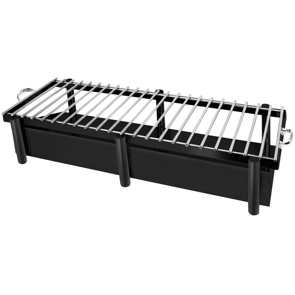 A black rectangular stainless steel grill stand with metal rods on top.