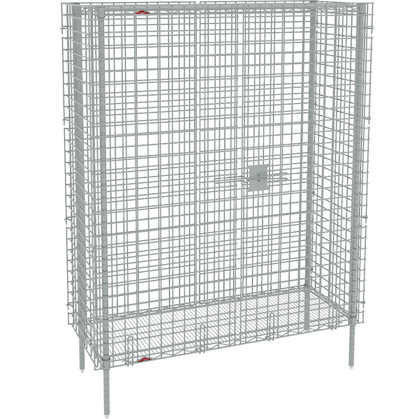 A chrome wire security cabinet with a wire mesh door.