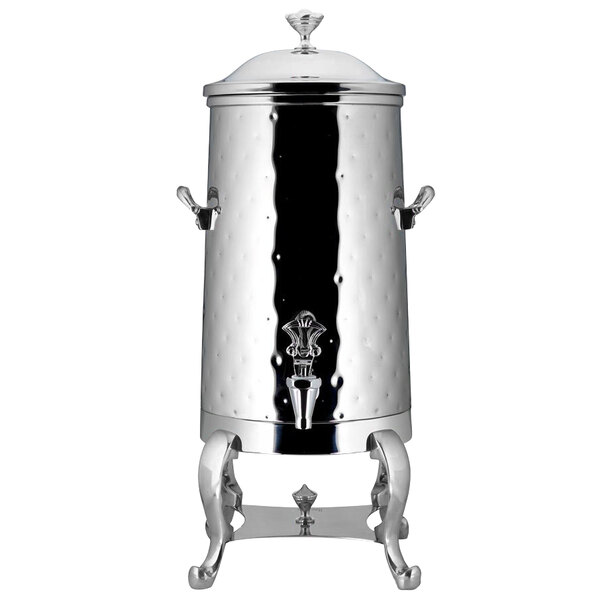 A silver metal Bon Chef electric coffee chafer urn with a lid