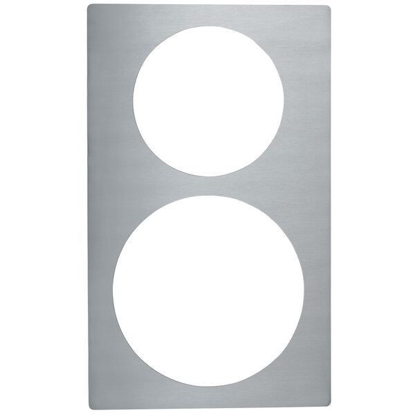 A silver rectangular Vollrath stainless steel plate with two circles on it.