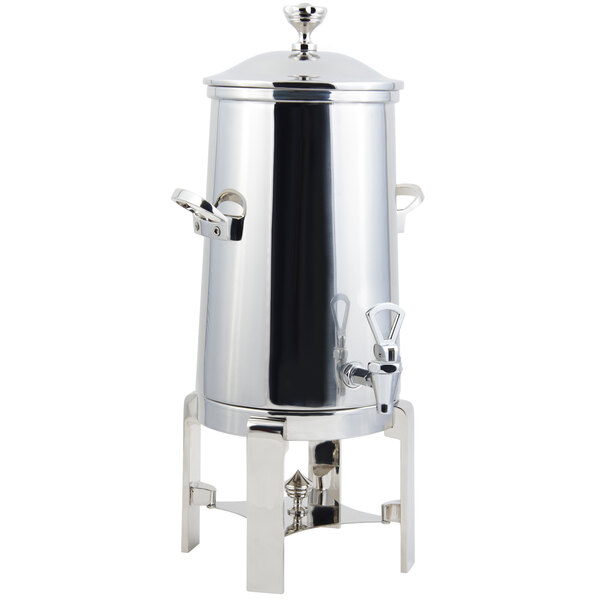 A stainless steel Bon Chef coffee chafer urn with a lid and chrome trim and handles.