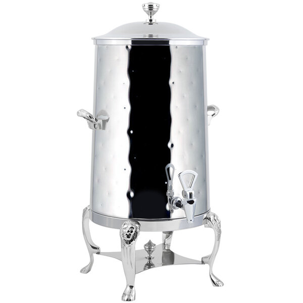 A Bon Chef stainless steel coffee chafer urn with a lid on a stand.