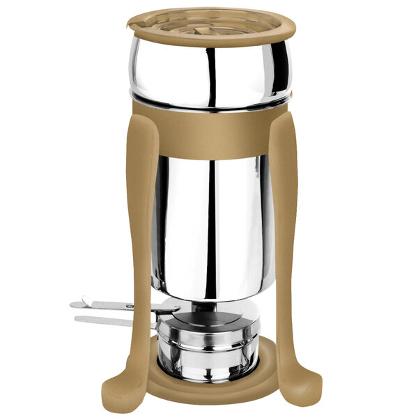 A stainless steel soup marmite with bronze accents and a fuel holder.