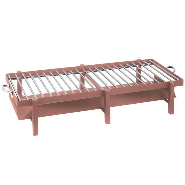 A copper coated stainless steel grill stand with a removable grill top on a metal frame.