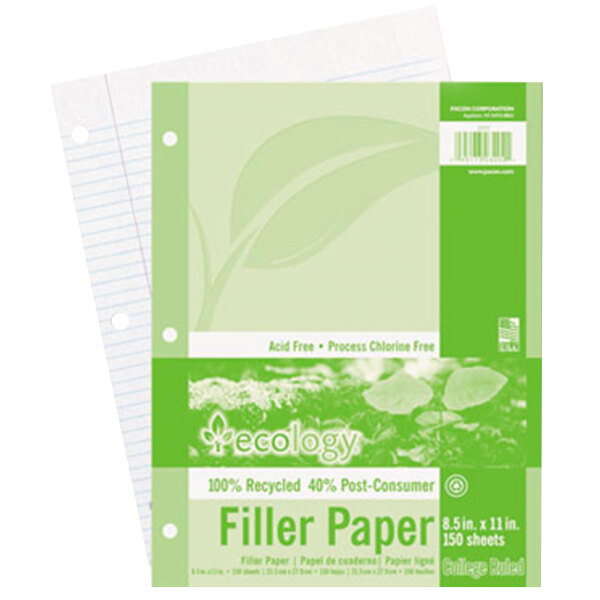 A package of white Pacon Ecology college-ruled filler paper with a green leaf on the label.