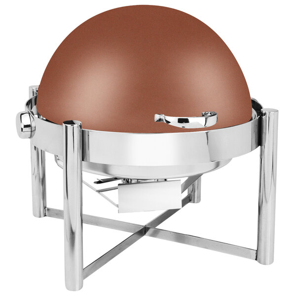 A round copper and chrome chafer with a roll top lid.