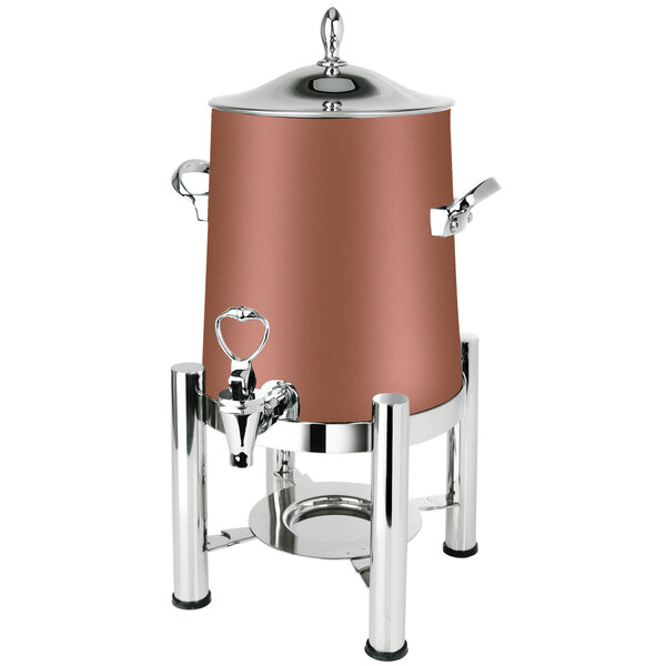 A stainless steel Eastern Tabletop coffee urn with a copper lid.