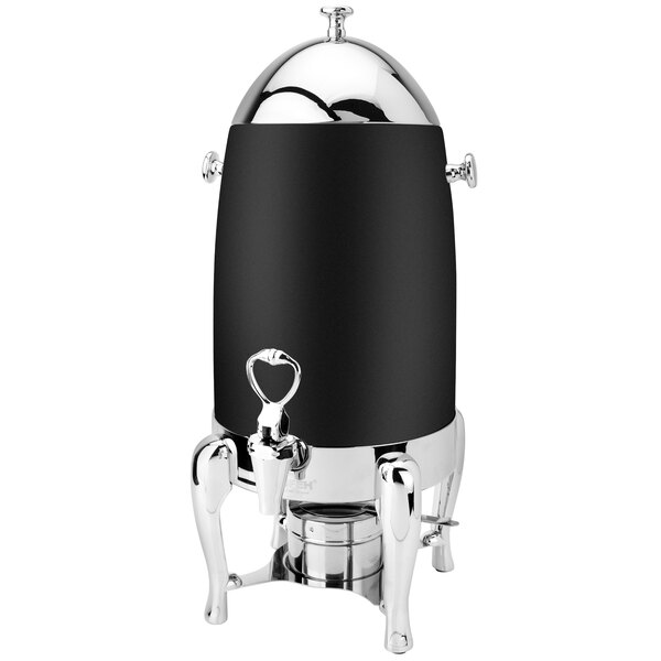A black and silver stainless steel Eastern Tabletop coffee urn with a fuel holder.