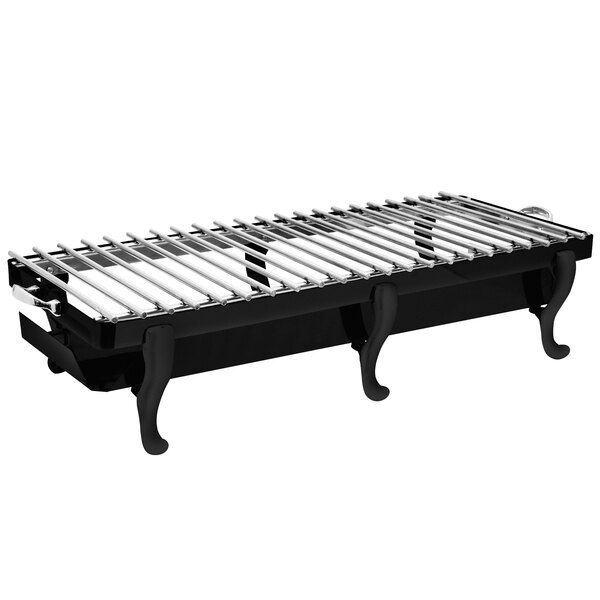 A black and silver metal Eastern Tabletop grill stand with removable grill top.