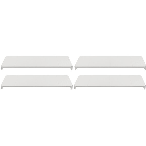 A row of three white rectangular Camshelving® Premium shelves.