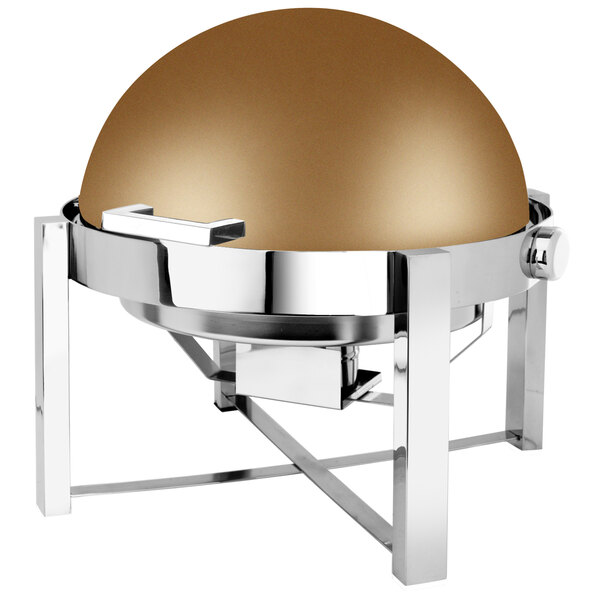 A round bronze coated stainless steel chafer with a roll top lid on a table outdoors.