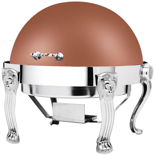 An Eastern Tabletop round stainless steel chafing dish with a copper dome.