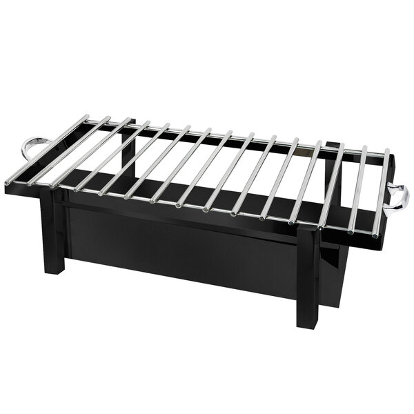 A black rectangular stainless steel grill stand with a metal rack on top.