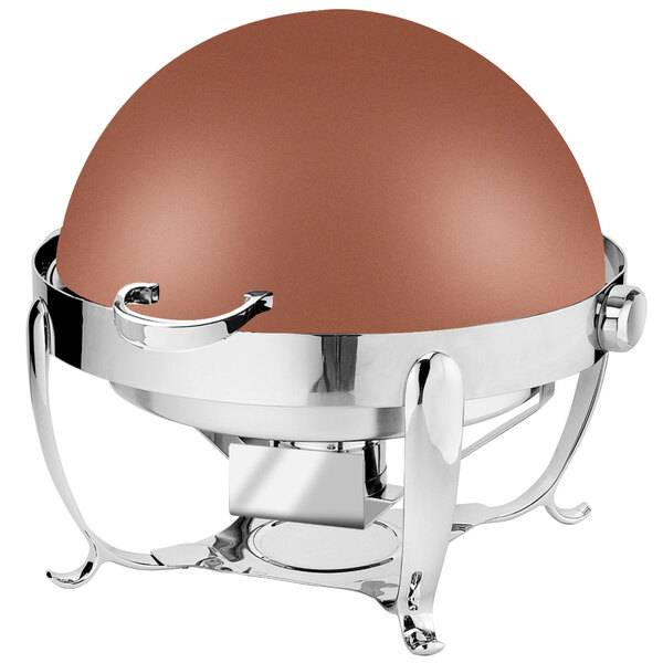 A round copper food warmer on a metal stand.