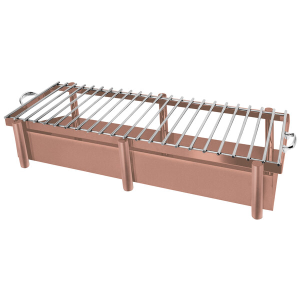 A copper coated stainless steel grill stand with removable grill top.