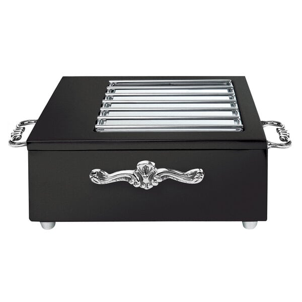 A black rectangular Eastern Tabletop butane stove cover with silver handles and grates inside.