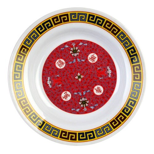 A white melamine plate with a red and gold Chinese design of the Longevity symbol.