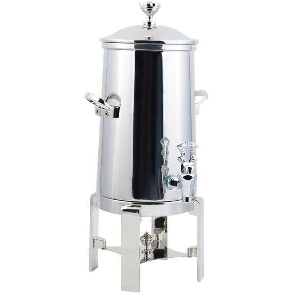 A silver metal Bon Chef electric coffee chafer urn with a lid.