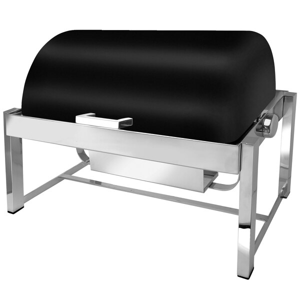 A black and silver stainless steel rectangular chafing dish with a black cover on a counter.
