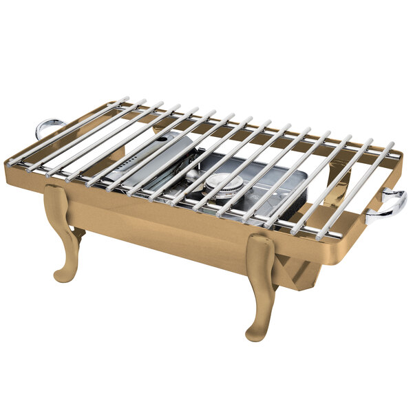 An Eastern Tabletop bronze coated stainless steel grill stand with a removable grill top on a counter.