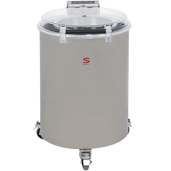 A silver Sammic stainless steel salad dryer container with a clear lid.