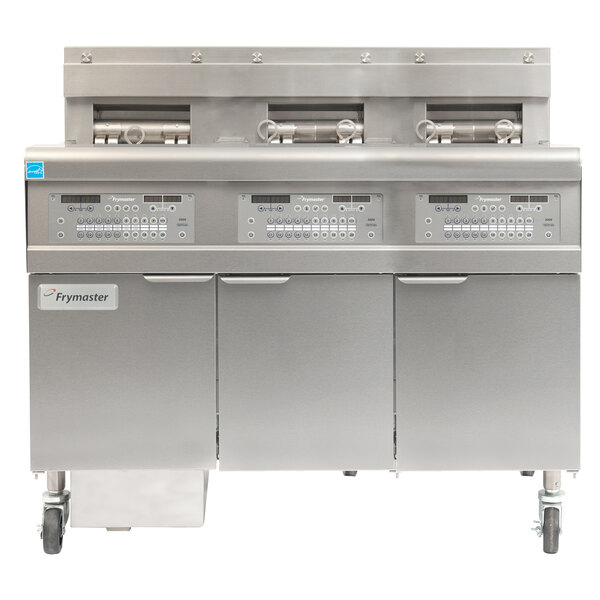 A Frymaster natural gas floor fryer with one full frypot on the left and two split frypots on the right.